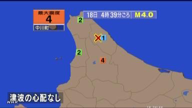 北海道中川町で震度４ １５日から３度目