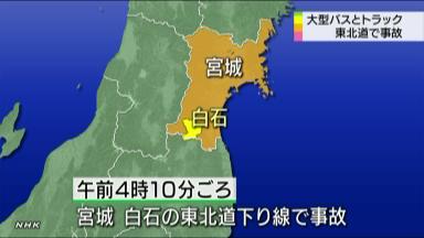 東北道:夜行バスとトラックが衝突 １０人超けが 白石