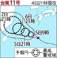 台風１１号、５日昼ごろ沖縄本島直撃の恐れ