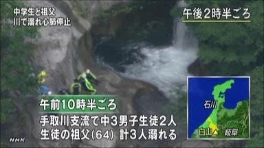 水の事故:６１歳男性と孫 川で溺れ死亡 石川・白山