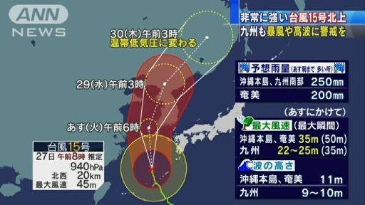 吹き返しの風に警戒を 台風15号沖縄を通過し北上