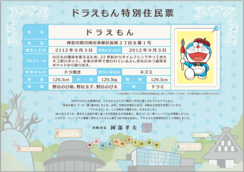 ぼく、川崎市民です ドラえもんに「特別住民票」