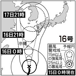 大型で猛烈な強さの台風16号 16日に沖縄地方に最接近の見通し