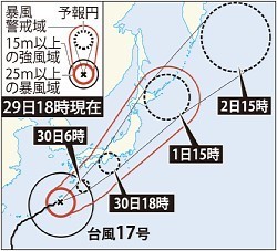 台風１７号 ３０日午後に近畿～関東接近へ