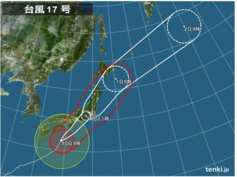 台風１７号 四国・紀伊半島暴風域に