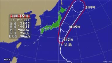 台風１９号 ３日夕方、小笠原に最接近