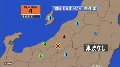 新潟で震度２ 震源地は新潟県中越地方