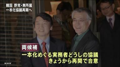 ＜韓国大統領選＞文・安氏「候補一本化協議を再開」