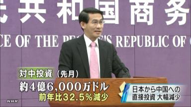 日本から中国へ直接投資３２％減 尖閣問題影響か