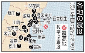 宮城で震度４の地震相次ぐ ＪＲ在来線、運休や遅れ