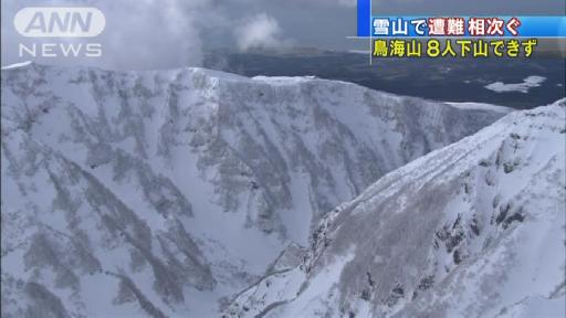 鳥海山でスノーモービルの8人が下山できず