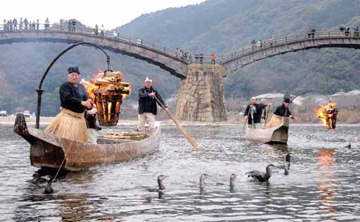 錦帯橋のう飼:今年初の訓練−−岩国 ／山口