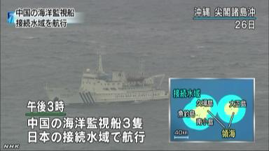 尖閣諸島:中国船、３日連続で周辺航行