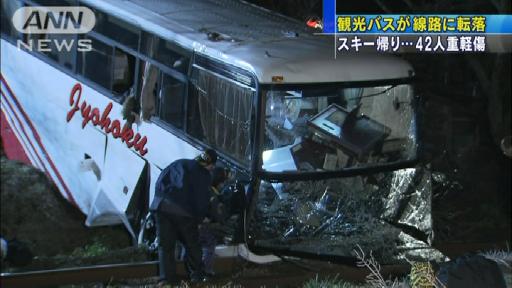 観光バス線路に転落42人重軽傷 スキーツアー暗転