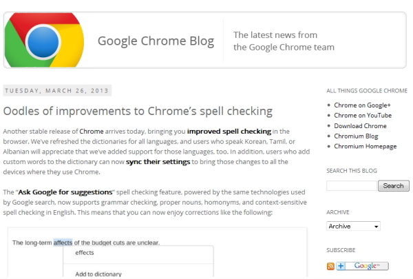 Google Chrome 26リリース、スペルチェック機能の強化やMac/Linux版での非同期DNSリゾルバ実装などが特徴