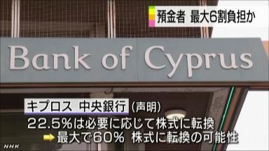 キプロス銀行、預金の損失は最大60％か ＡＰ通信報道