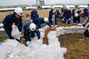 洗掘を防ぐため、堤防をシートで覆う訓練をする水防団員＝大分市元町