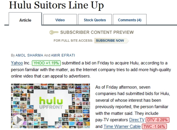 米Yahoo!、Hulu買収競争に参戦か