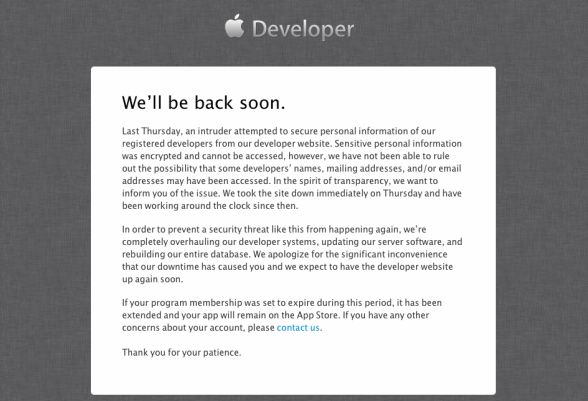 Apple開発者サイトに何者かがアクセス、依然ダウン中