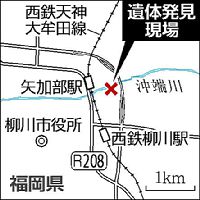 柳川の河川敷に男性遺体、シートくるまれ頭に傷