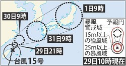 台風１５号:３１日昼に 九州地方上陸の恐れも