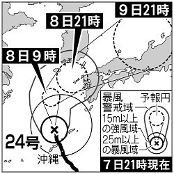 台風２４号:８日、九州で非常に激しい雨 １時間に５０〜７０ミリ