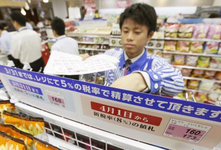１７年ぶり消費税増税８％に、北海道でも深夜の表示替え 消費冷え込みの恐れ