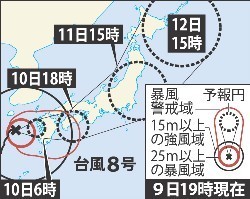 台風８号、九州上陸へ 激しい風雨、列島厳戒