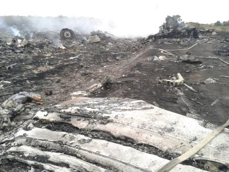 ウクライナ東部のマレーシア航空機墜落現場で、散乱し炎を上げる残骸＝１７日（タス＝共同）