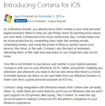 iOS用「Cortana」ベータ版、米国・中国で提供開始