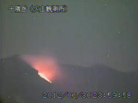 十勝岳火口が赤く見える現象…火山ガス燃焼か